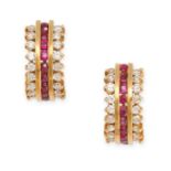NO RESERVE - A PAIR OF RUBY AND DIAMOND HALF HOOP EARRINGS in 18ct yellow gold, each set with a r...