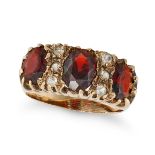 NO RESERVE - A VINTAGE GARNET AND DIAMOND RING in 9ct yellow gold, set with three oval cut garnet...
