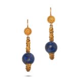 A PAIR OF ANTIQUE LAPIS LAZULI PENDANTS in yellow gold, each designed as a hook terminating with ...