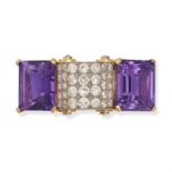 HENNELL, AN AMETHYST AND DIAMOND BROOCH in yellow gold, set with two octagonal step cut amethysts...