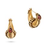 NO RESERVE - A PAIR OF GARNET EARRINGS in Etruscan revival style, set with pear shaped cabochon g...