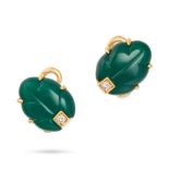 CARTIER, A PAIR OF CHRYSOPRASE AND DIAMOND LEAF CLIP EARRINGS, 1990 in 18ct yellow gold, each com...