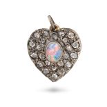 AN OPAL AND DIAMOND HEART PENDANT in yellow gold and silver, set with a round cabochon opal over ...