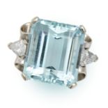 AN AQUAMARINE AND DIAMOND DRESS RING in 14ct white gold, set with an octagonal step cut aquamarin...