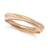 CARTIER, A TRINITY BANGLE in 18ct yellow, rose and white gold, comprising three interlocking tric...