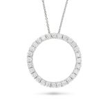 A DIAMOND CIRCLE PENDANT NECKLACE in 14ct white gold, the pendant designed as an open circle and ...