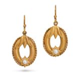 A PAIR OF ANTIQUE PEARL DROP EARRINGS in yellow gold, the openwork oval earrings each set with a ...