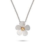 A DIAMOND FLOWER PENDANT NECKLACE in 18ct white and yellow gold, the pendant designed as a flower...