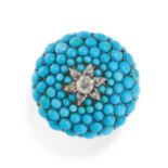 A TURQUOISE AND DIAMOND BOMBE RING the domed face set with an old cut diamond in a star motif, ov...