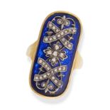A DIAMOND AND BLUE GLASS RING in yellow gold, comprising a blue glass with applied foliate motifs...