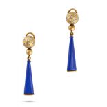 A PAIR OF LAPIS LAZULI AND DIAMOND DROP EARRINGS in 18ct yellow gold, each comprising a domed top...