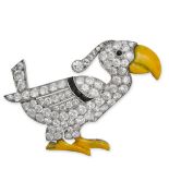 A FRENCH DIAMOND, ONYX AND ENAMEL BIRD BROOCH in 18ct white gold, designed as a bird set with rou...