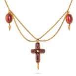 AN ANTIQUE GARNET AND CHRYSOLITE PENDANT NECKLACE in 14ct yellow gold, comprising a snake chain s...