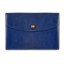 HERMÈS VINTAGE BLUE RIO LIZARD CLUTCH BAG Condition grade C+. 24cm long, 16cm high. Blue toned ...