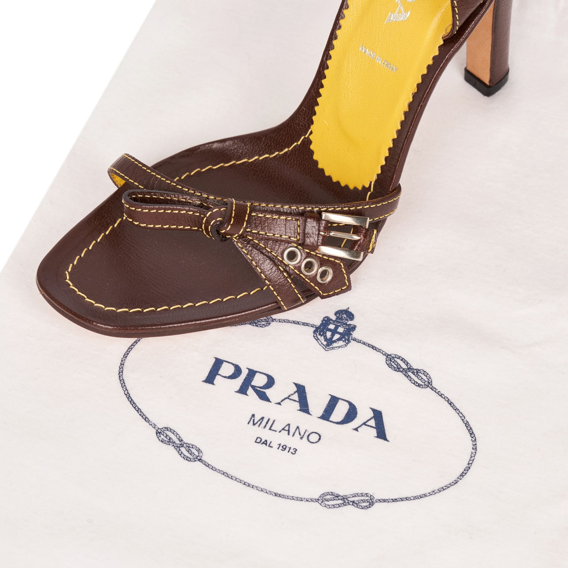 PRADA BROWN SANDAL HEELS Condition grade B+. Size 36. Heel height 10.5cm. Brown leather with ye... - Bild 2 aus 2