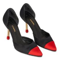 CHANEL BLACK AND RED MATCHSTICK HEELS Condition grade B.  Size 35. Heel height 9cm. Black satin...