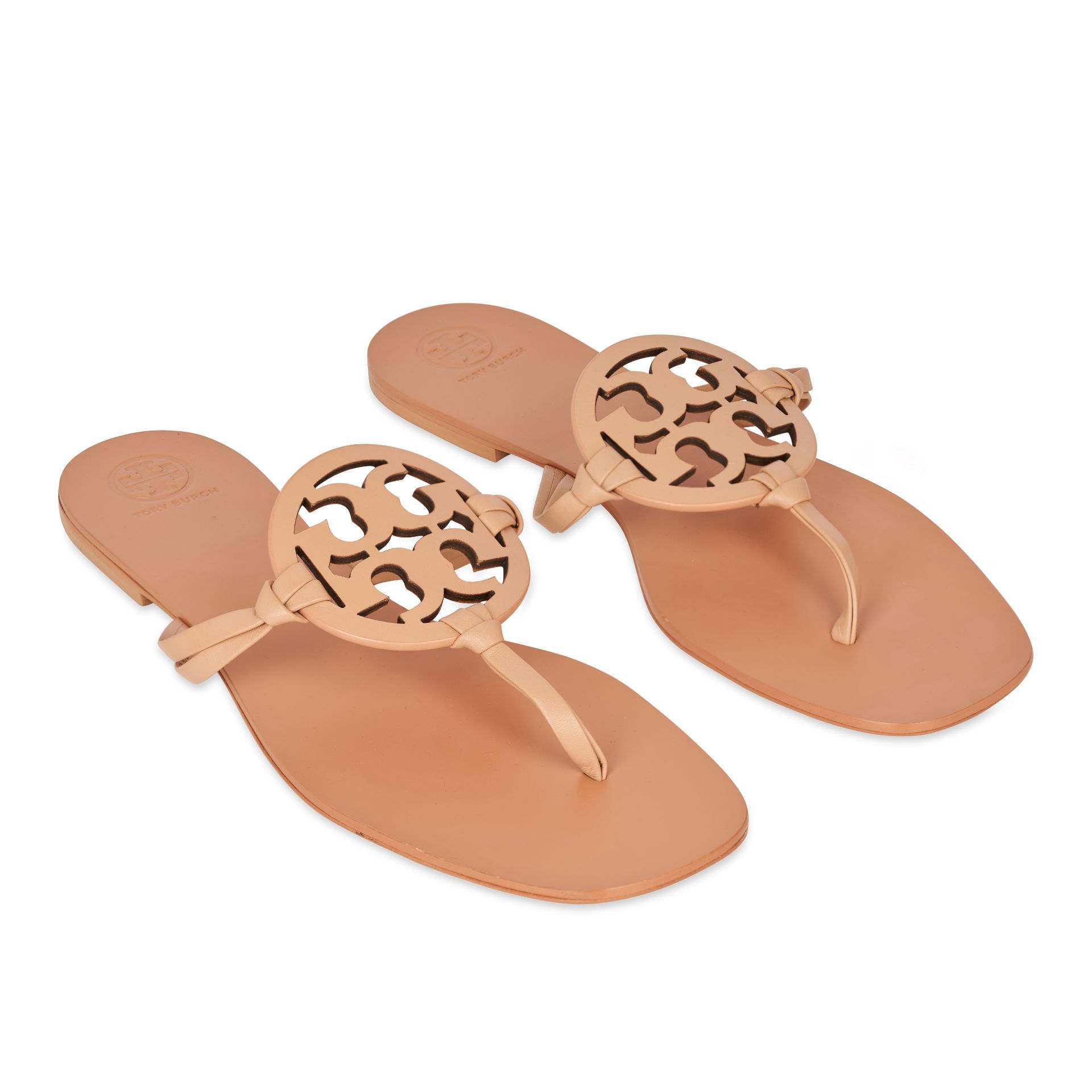 TORY BURCH BEIGE LOGO SANDALS Condition grade A. Size US 9.5. Beige toned leather with logo cut...