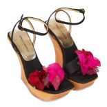 DOLCE & GABBANA FLOWER WEDGES Condition grade B-. Size 37. Black fabric with wooden wedge and f...