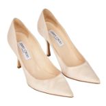 JIMMY CHOO IVORY SATIN STILETTO POINTED HEELS Condition grade C. Size 37.5. Heel height 9cm. Iv...