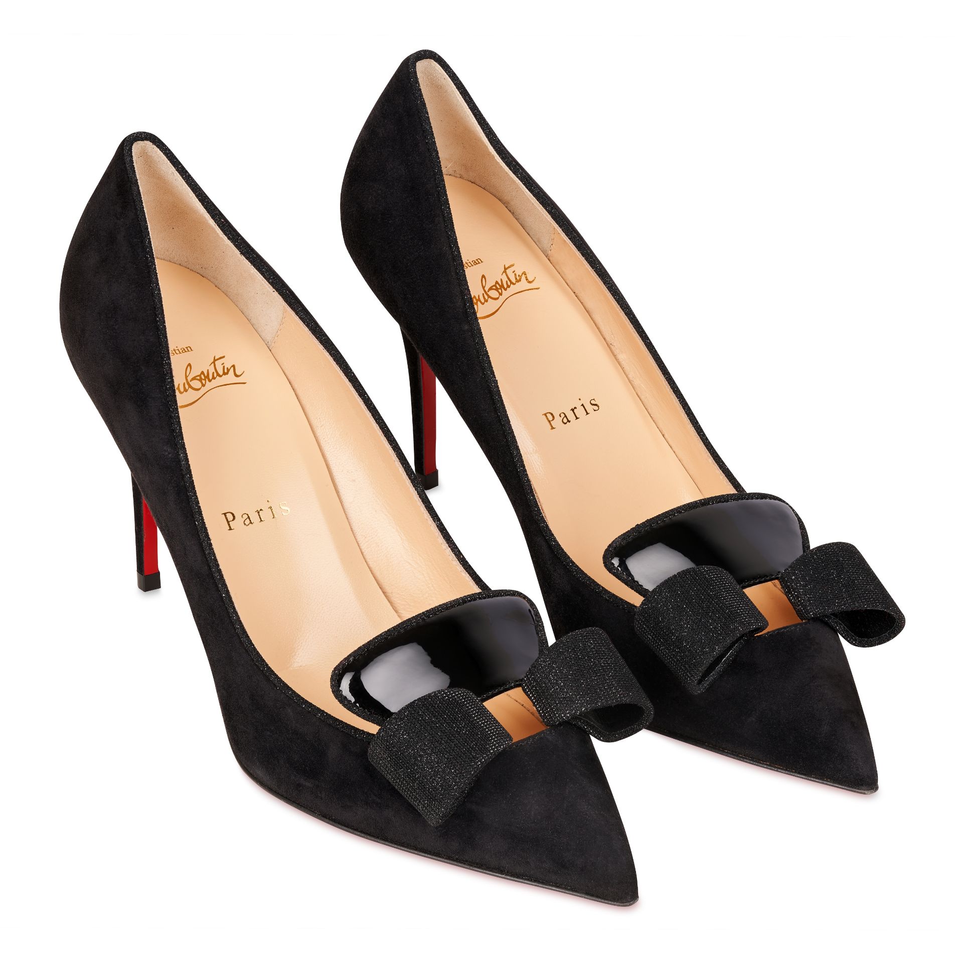 CHRISTIAN LOUBOUTIN BOW HEELS Condition grade A-. Size 38. Heel height 9cm. Black suede with cu...