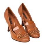 LOUIS VUITTON BROWN FRINGE HEELS Condition grade A-. Size 37. Heel height 10cm. Brown toned pat...