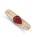 A RUBY AND DIAMOND RING in yellow gold, set with a pear cut ruby, accented by two rows of round b...