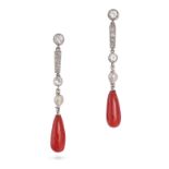 A PAIR OF DIAMOND, PEARL AND CORAL DROP EARRINGS in platinum, each set with a round cut diamond s...