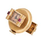 A FRENCH RUBY WATCH CUFFLINK in 18ct yellow gold, the cufflink designed as a small watch accented...