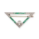 AN ANTIQUE ART DECO DIAMOND AND EMERALD BROOCH in platinum and yellow gold, designed as a triangl...
