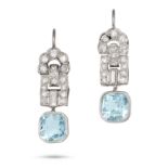 A PAIR OF AQUAMARINE AND DIAMOND DROP EARRINGS in platinum, each comprising two links set with si...