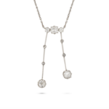 AN ANTIQUE DIAMOND NEGLIGEE NECKLACE in platinum, the pendant set with three old cut diamonds sus...