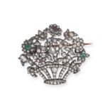 AN ANTIQUE DIAMOND, EMERALD AND RUBY GIARDINETTO BROOCH, LATE 18TH CENTURY in silver and yellow g...