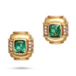A PAIR OF VINTAGE GREEN TOURMALINE AND DIAMOND EARRINGS in 18ct yellow gold, each set with a mixe...