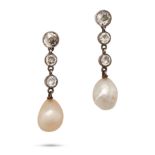 A PAIR OF NATURAL SALTWATER PEARL AND DIAMOND DROP EARRINGS each set with three transitional cut ...