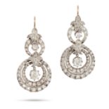 A PAIR OF ANTIQUE DIAMOND DROP EARRINGS in yellow gold and silver, each comprising a fleur de lis...