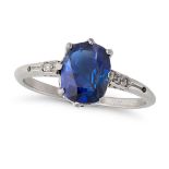 A SAPPHIRE AND DIAMOND RING in platinum, set with a cushion cut blue sapphire of 2.14 carats, acc...