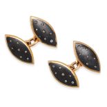 A PAIR OF ANTIQUE DIAMOND CUFFLINKS in yellow gold, comprising marquise shaped links, each set wi...