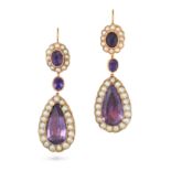 A PAIR OF ANTIQUE AMETHYST AND PEARL CLUSTER DROP EARRINGS in yellow gold, each set with an oval ...