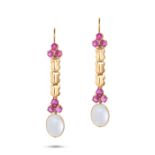 A PAIR OF MOONSTONE AND PINK SAPPHIRE DROP EARRINGS in yellow gold, each set with cabochon moonst...