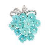 A TURQUOISE AND DIAMOND BROOCH / PENDANT in 18ct white gold, designed as a bow set with round bri...