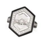 A ROCK CRYSTAL, DIAMOND, ENAMEL RING in 18ct white gold, comprising a lozenge shaped rock crystal...