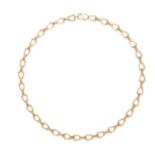 A GOLD FANCY LINK NECKLACE in 18ct yellow gold, comprising a row of stirrup shaped links, stamped...