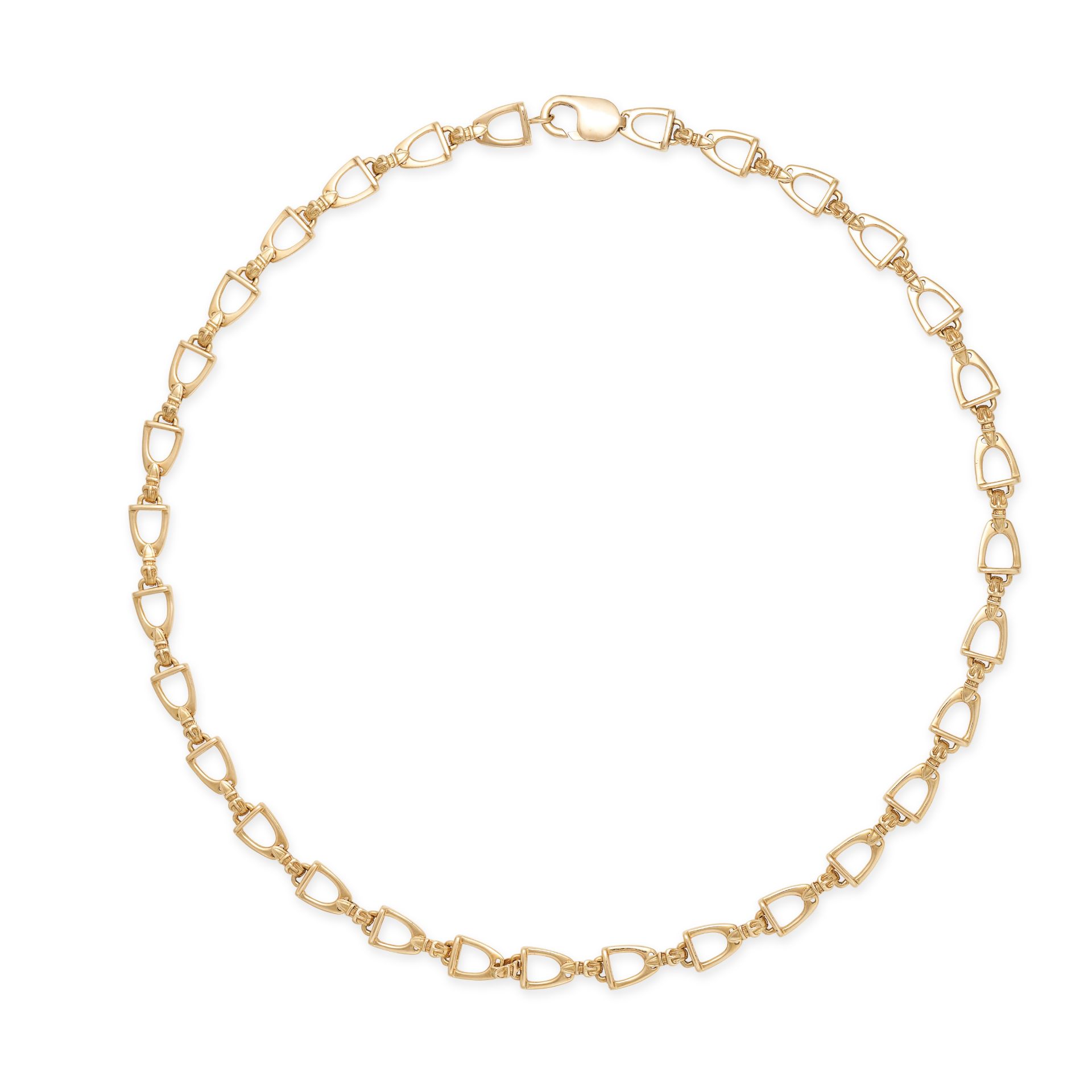 A GOLD FANCY LINK NECKLACE in 18ct yellow gold, comprising a row of stirrup shaped links, stamped...