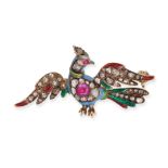 AN ANTIQUE ENAMEL, RUBY AND DIAMOND BIRD BROOCH in yellow gold, set with a cushion cut ruby in a ...