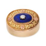 AN ANTIQUE ENAMEL AND DIAMOND VINAIGRETTE in yellow gold, the lid of the oval shaped vinaigrette ...