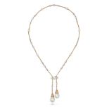 A NATURAL SALTWATER PEARL AND DIAMOND NEGLIGEE NECKLACE in yellow gold, comprising a trace chain ...