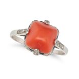 AN ANTIQUE ART DECO FRENCH CORAL, DIAMOND, AND SAPPHIRE DRESS RING in platinum, set with a sugarl...