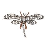 AN ANTIQUE DIAMOND DRAGONFLY BROOCH in yellow gold and silver, designed as a dragonfly, set throu...