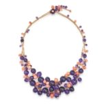 CARTIER, AN AMETHYST, CORAL AND DIAMOND DELICES DE GOA NECKLACE in 18ct yellow gold, the double s...