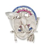 BOUCHERON, A FINE FRENCH RUBY, SAPPHIRE AND DIAMOND MILITARY BROOCH in 18ct white gold and platin...